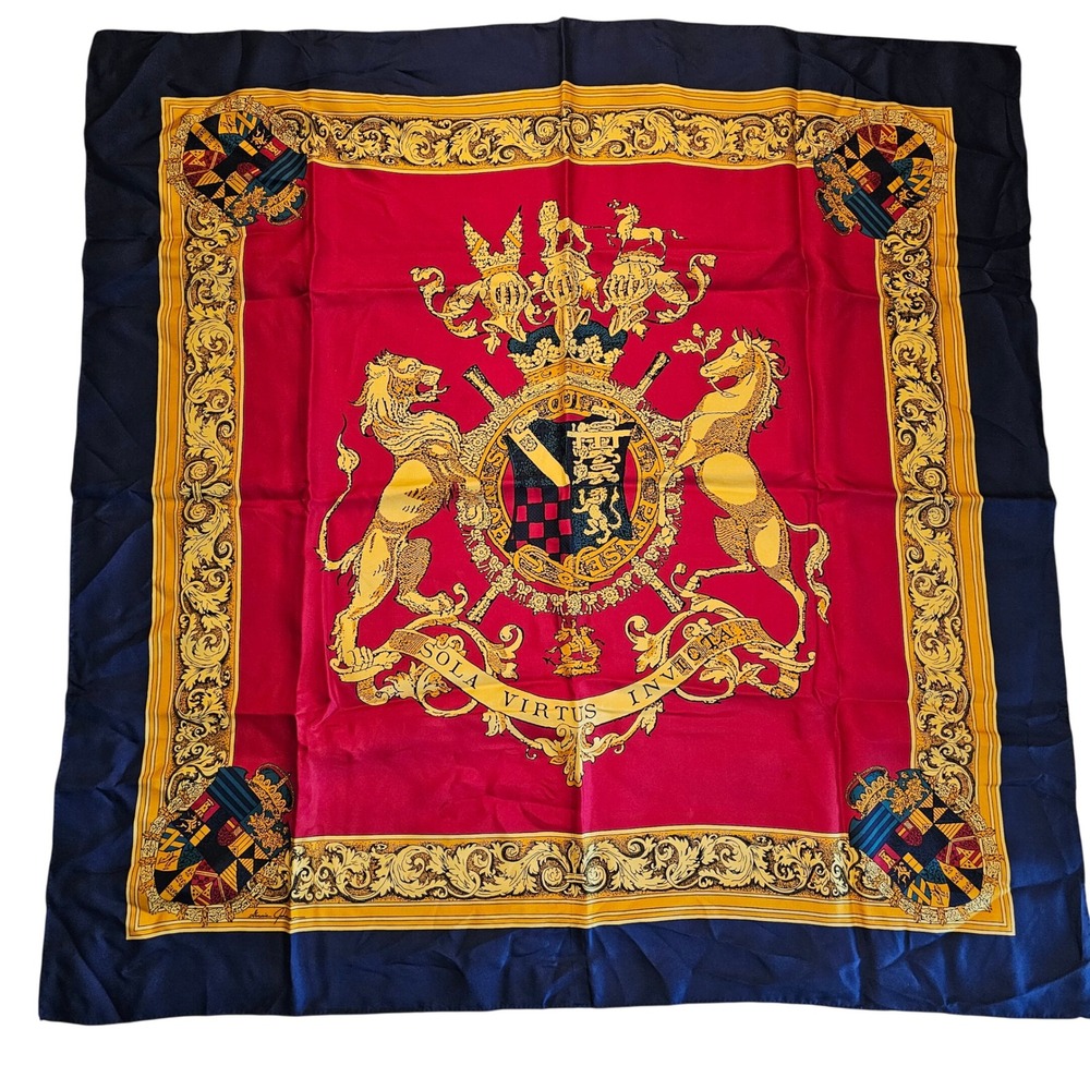 Vintage 1986 Ginnie Johansen Silk Scarf Heraldic Crest Red Navy Gold Japan